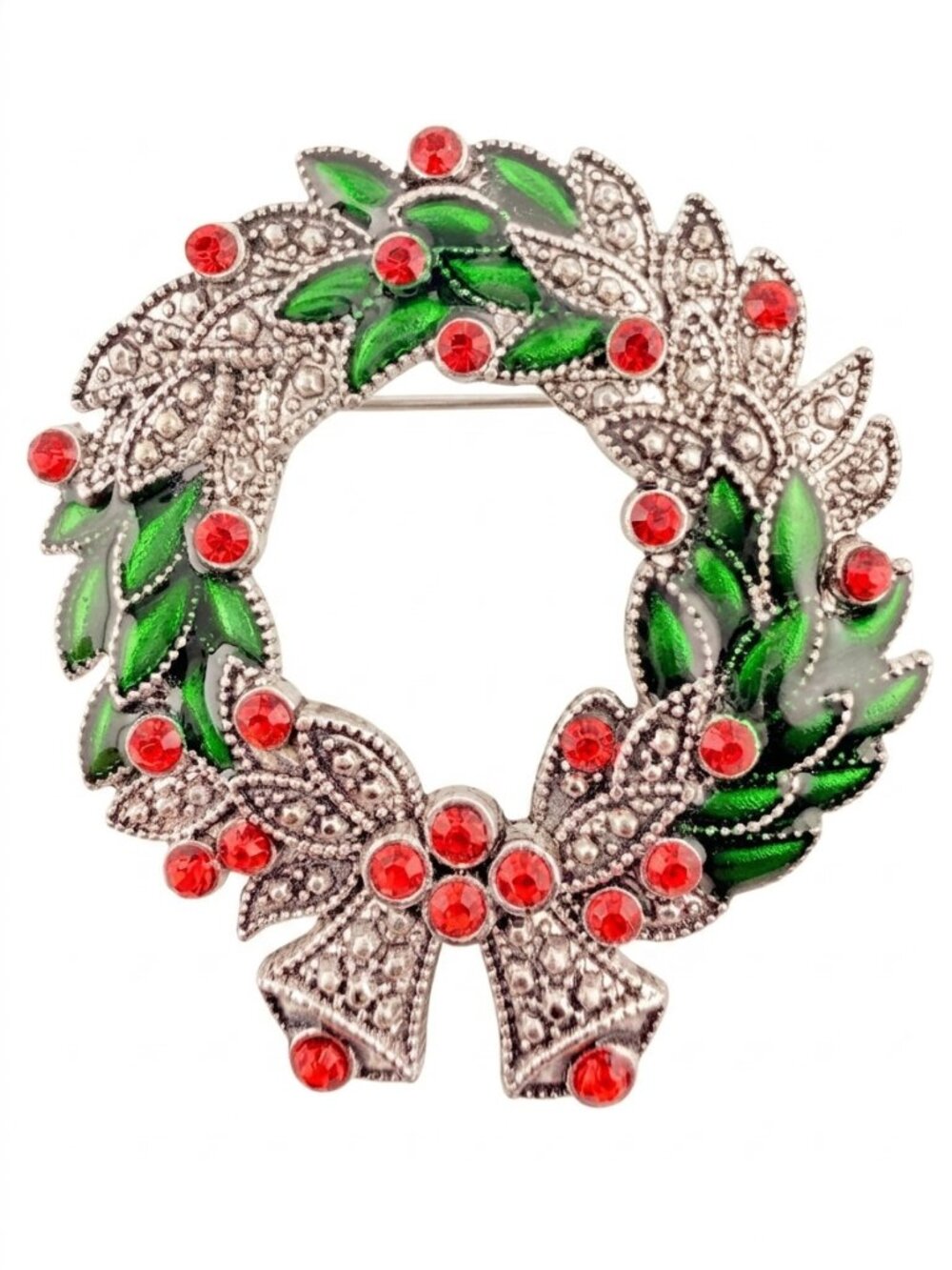 Vintage Kenneth Cole KC Christmas Wreath Brooch Green Enamel Red Rhinestones